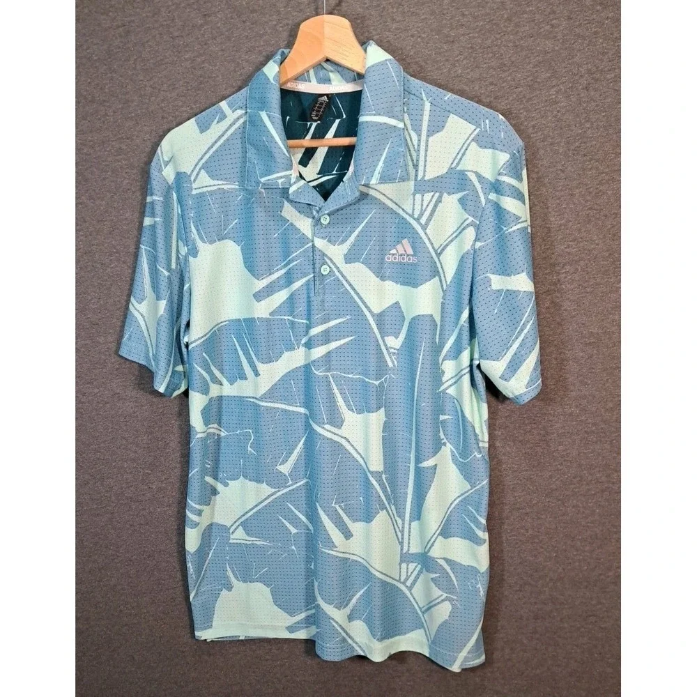 Adidas Golf Mens Blue Tropical Banana Leaf Print Performance‎ Polo Shirt Size M